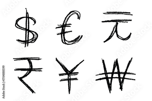 Hand drawn multiple currencies symbol set Dollar euro yuan yen won rupee