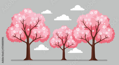 Pink Cherry Blossom Trees Spring Nature Illustration Flat Design Graphic