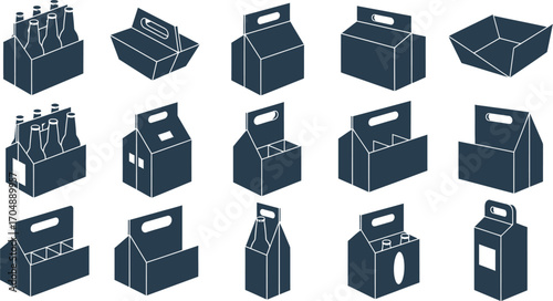 Variety of cardboard beverage carriers and packaging designs in silhouette