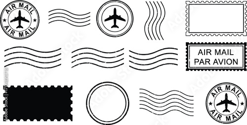 Collection of air mail stamps and postal icons with airplanes and wavy lines.