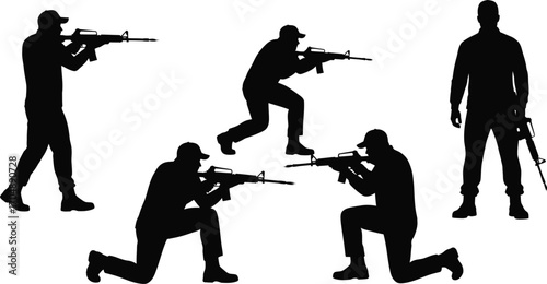 Silhouettes of soldiers in various tactical poses with rifles, ready for action.