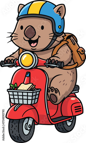Cute wombat wearing a helmet riding a red scooter with a backpack