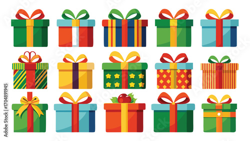 Christmas gift box set, New Year presents, gift boxes, vector illustration on transparent background