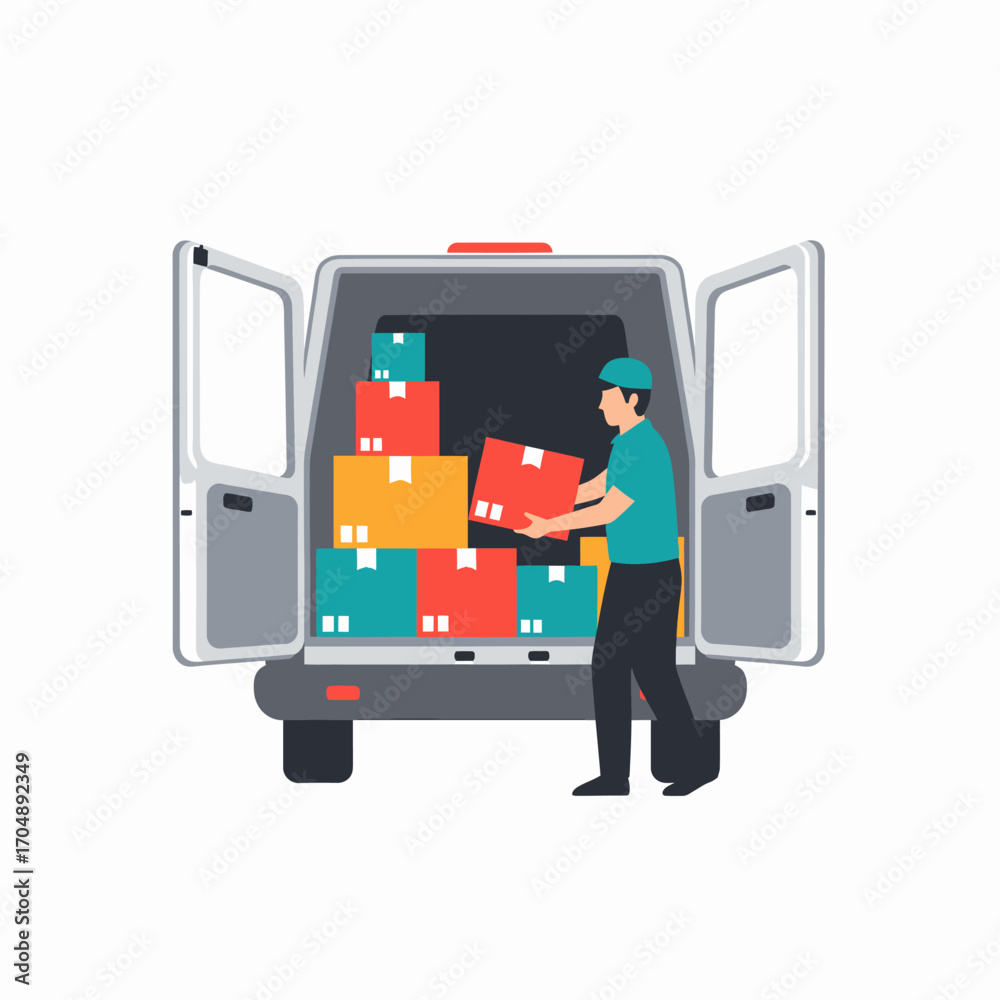 Fototapeta premium A delivery person loads colorful boxes into the open back of a cargo van.