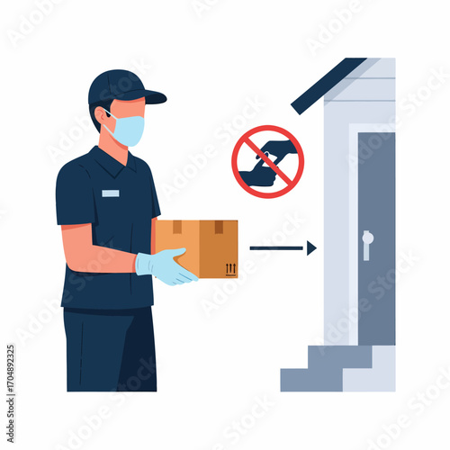 Delivery person wearing a mask and gloves places a package at a doorstep, with a "no contact" symbol.