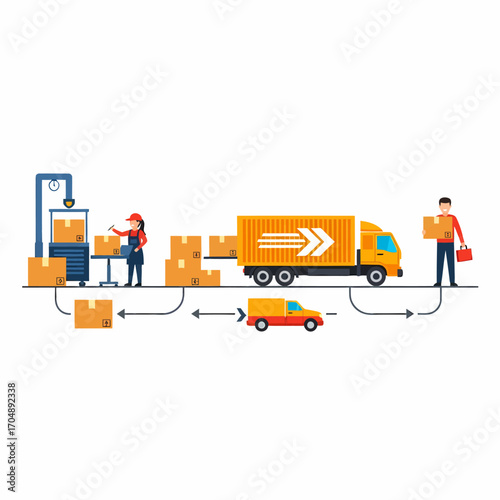 Illustration depicting a logistics process: worker packing boxes, truck delivering, and final delivery by a smaller vehicle.