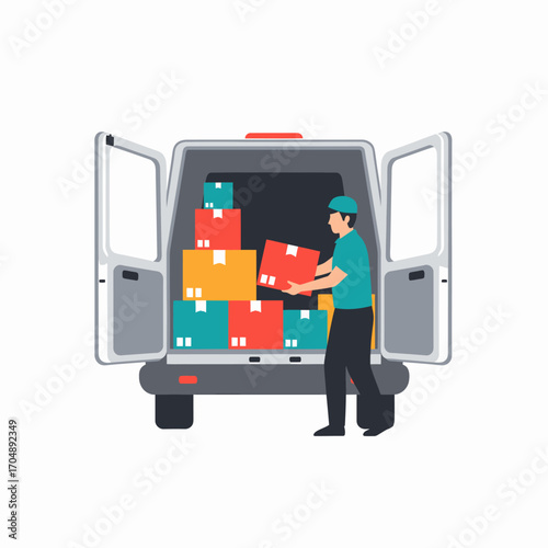 A delivery person loads colorful boxes into the open back of a cargo van.
