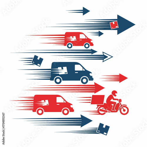 Fast delivery vans and motorcycles, multiple packages, rapid transport concept.