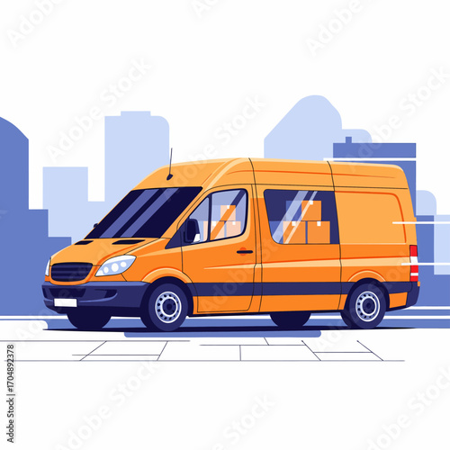 Orange delivery van transporting packages through a city.