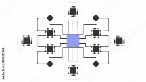 Central computer chip connected to surrounding processors in a distributed network system.