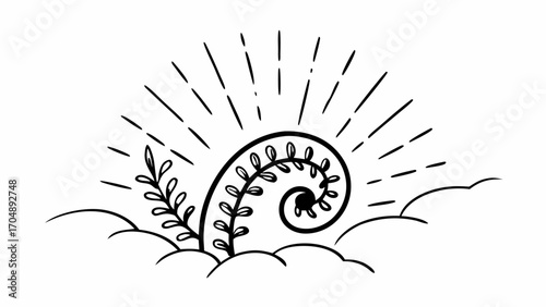 Stylized fern frond emerging from clouds with radiating lines in a black and white drawing style on transparent background silhouette