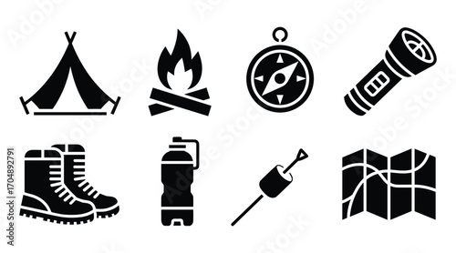 Black icons of camping and outdoor adventure gear on a white background. tent, campfire, map, outdoor, adventure, hiking, travel