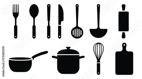 Collection of black kitchen utensil icons on a white background. fork, spoon, knife, spatula, ladle, rolling pin, saucepan, pot, whisk