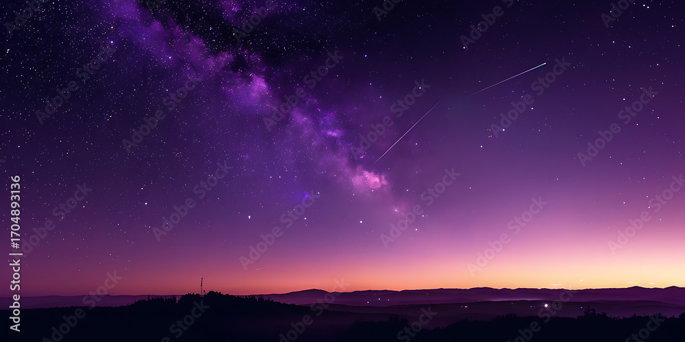 Fototapeta premium Vibrant purple galaxy stretching across a starry night sky over silhouetted hills.