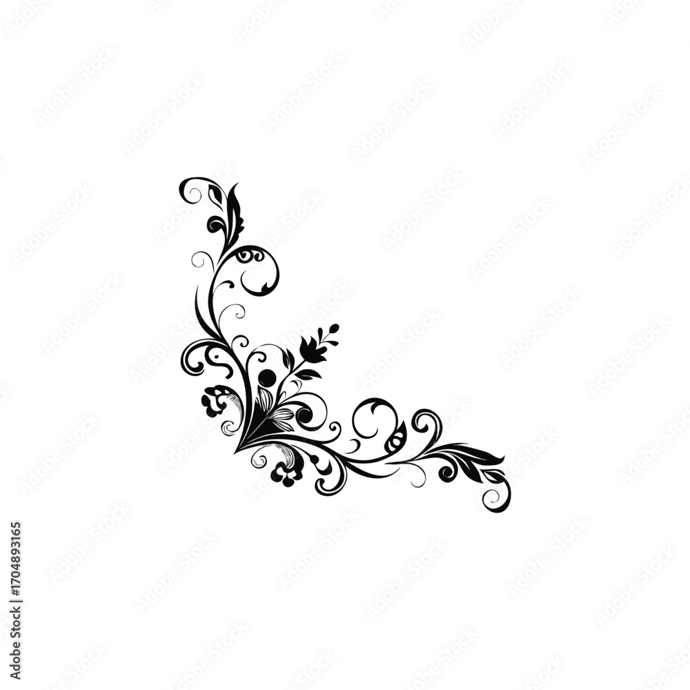 Fototapeta premium Elegant black ornate floral corner flourish design element for decorative borders and invitations