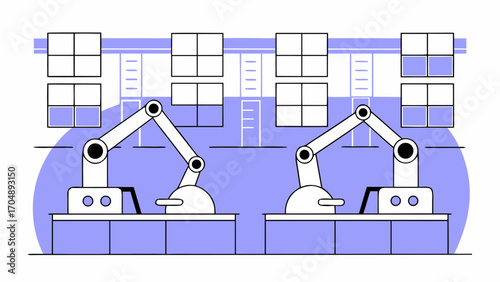 Two robotic arms in a factory setting with boxes and a blue background and a conveyor belt system on transparent background silhouette