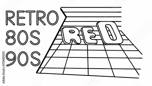 Retro eighties nineties design with red text on a grid and horizontal lines in black and white style on transparent background silhouette