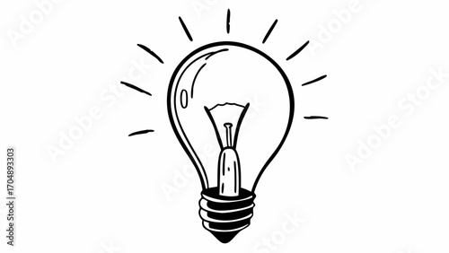 Illustration of a light bulb with radiating lines symbolizing idea generation and illumination concept on transparent background silhouette