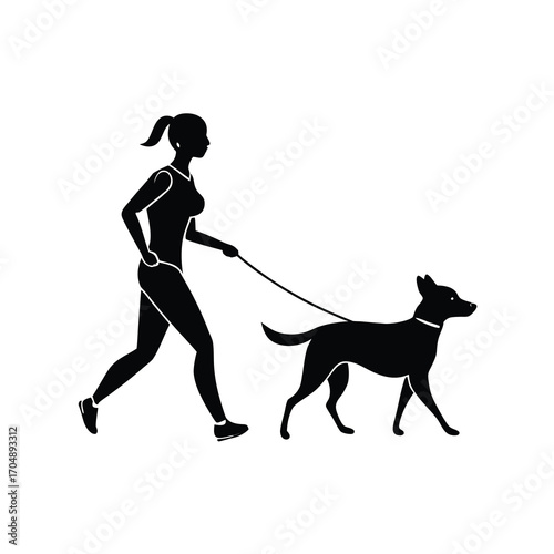 silhouette vector of a woman jogging with a dog 