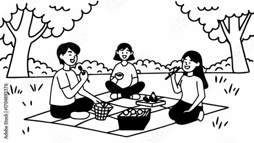 Three friends enjoying a picnic together on a blanket under the trees in a park setting outdoors on transparent background silhouette