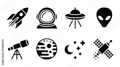 Set of black space themed icons including rocket astronaut alien U F O planet satellite moon and stars