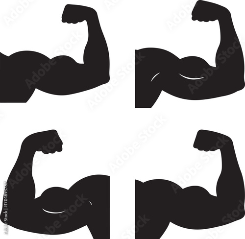 Four flexing bicep muscle silhouettes