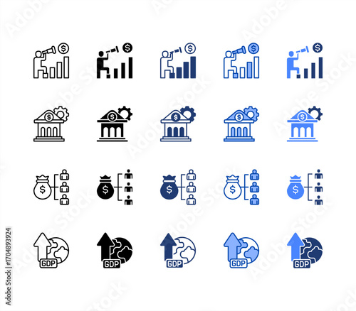 Forecast, Distribution, Monetary, GDP, multiple style icon set.