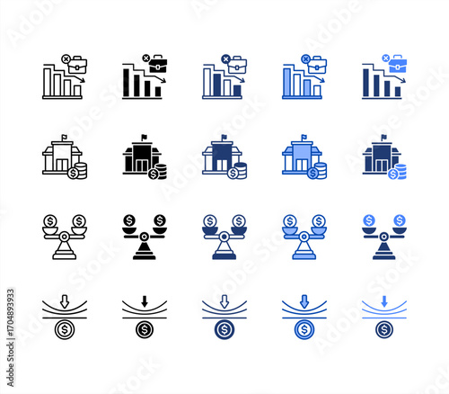 Unemployment, Stability, Finance, Resilience, multiple style icon set.