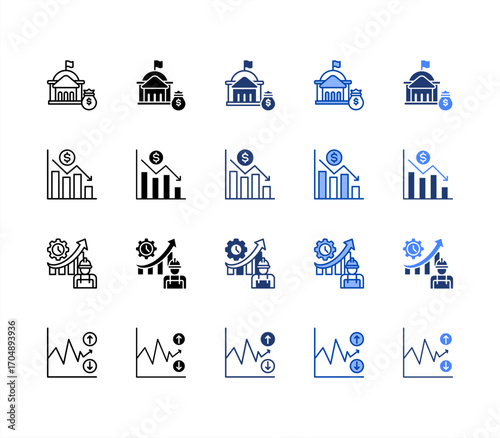 Spending, Productivity, Downturn, Volatility, multiple style icon set.