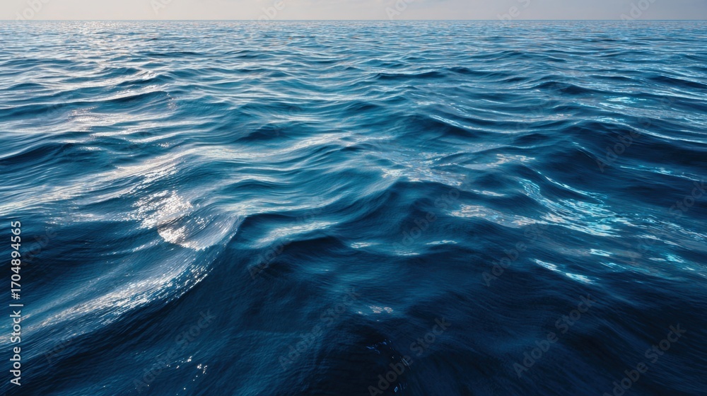 Fototapeta premium Ocean's Whispers: The boundless ocean stretches towards the horizon, a symphony of rolling waves in shades of blue. The gentle sea reflects the vastness of nature, stirring a sense of serenity.