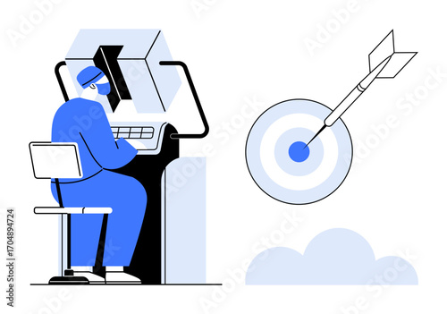 Worker at a desk focused on a computer screen with a dart hitting a target. Ideal for productivity, goal-setting, precision, success, strategy, determination, work concentration. Simple flat metaphor