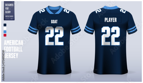 Blue and white American football jersey mockup template design. Front view and back view football kit design. Vector Illustration