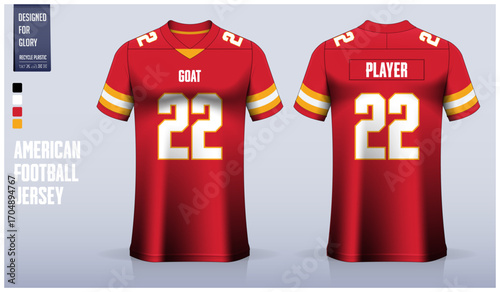 Red and yellow American football jersey mockup template design. Front view and back view football kit design. Vector Illustration