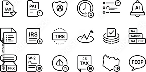 Tax and financial management icons set – minimalist line art for tax filing, deductions, AI assistance, and compliance
