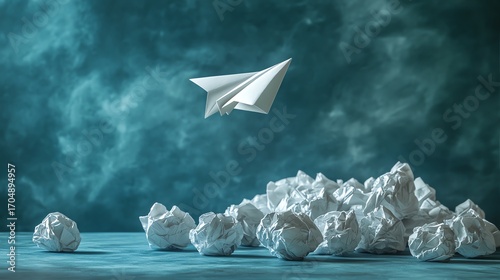A paper airplane flies over crumpled papers.