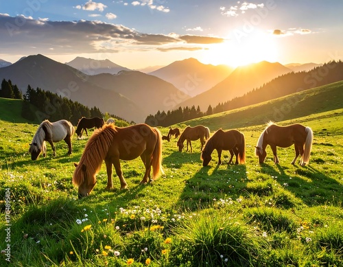 Majestic horses graze in a sun-drenched mountain meadow