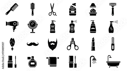 High-Quality Black Silhouette Icon Set of Salon Items –Vector Symbols for Barber, Beauty, Hair, Grooming