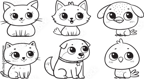 Adorable kawaii style line art collection of cute cartoon baby animals including kittens puppies and birds for coloring pages and childrens designs