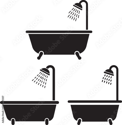 Three bathtub shower silhouettes with water spray