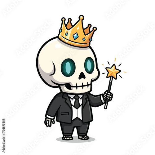 A charming and royal cartoon skeleton character wearing a golden crown and a formal suit, holding a magical sparkling star wand