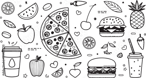 Hand-drawn doodle food collection featuring pizza burger drinks fruit and vegetables for creative designs