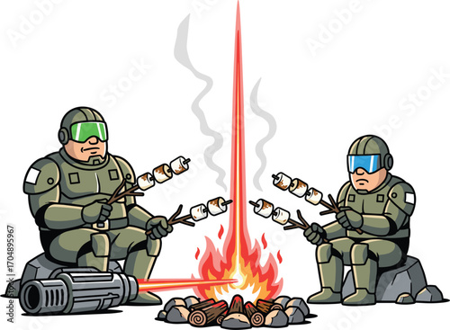 Futuristic soldiers in sci fi armor warming hands by a laser campfire