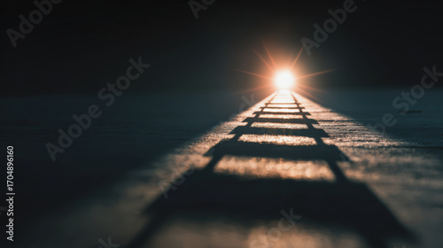 Ladder shadow leads toward glowing light in darkness, symbolizing hope, progress, and achievement with dramatic perspective and contrast