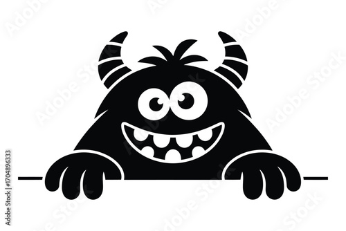 Cute black monster with big eyes and horns peeking over a surface