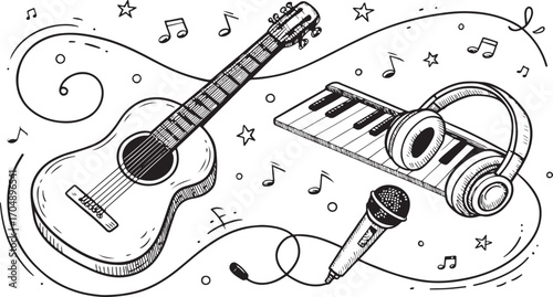 Hand drawn musical instruments with headphones and microphone set on swirling abstract musical notes background illustration