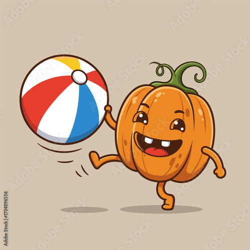 A cheerful pumpkin with curly green stem plays with a colorful beach ball, smiling widely and lifting one leg on a plain beige background.