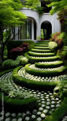 Tranquil garden staircase with verdant foliage and serene architectural allure presents peaceful