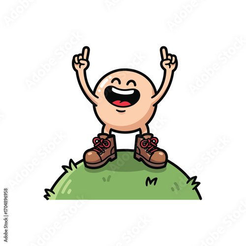 Vector illustration of a cheerful round character celebrating a personal victory on top of a hill, embodying the concept of success and achieving goals