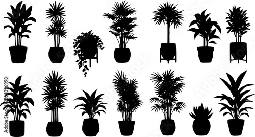 Houseplant Silhouettes Vector Set, Indoor Plants in Pots Isolated on White Background
