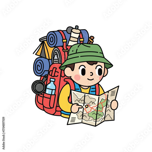 A young adventurer cartoon character with a full backpack navigating with a map on a hiking expedition